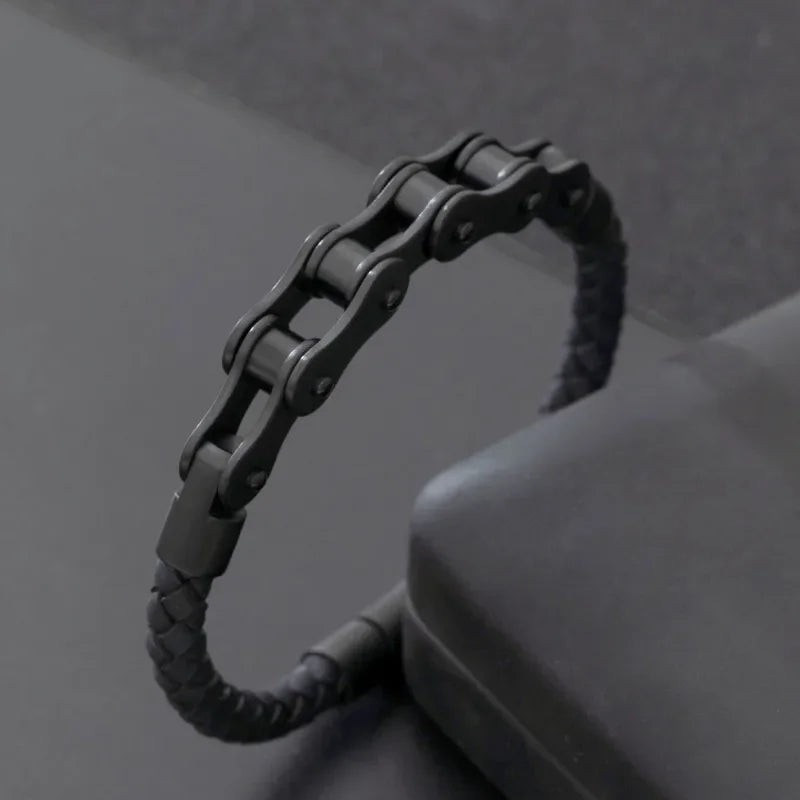 Bike Chain Woven Leather Bracelet