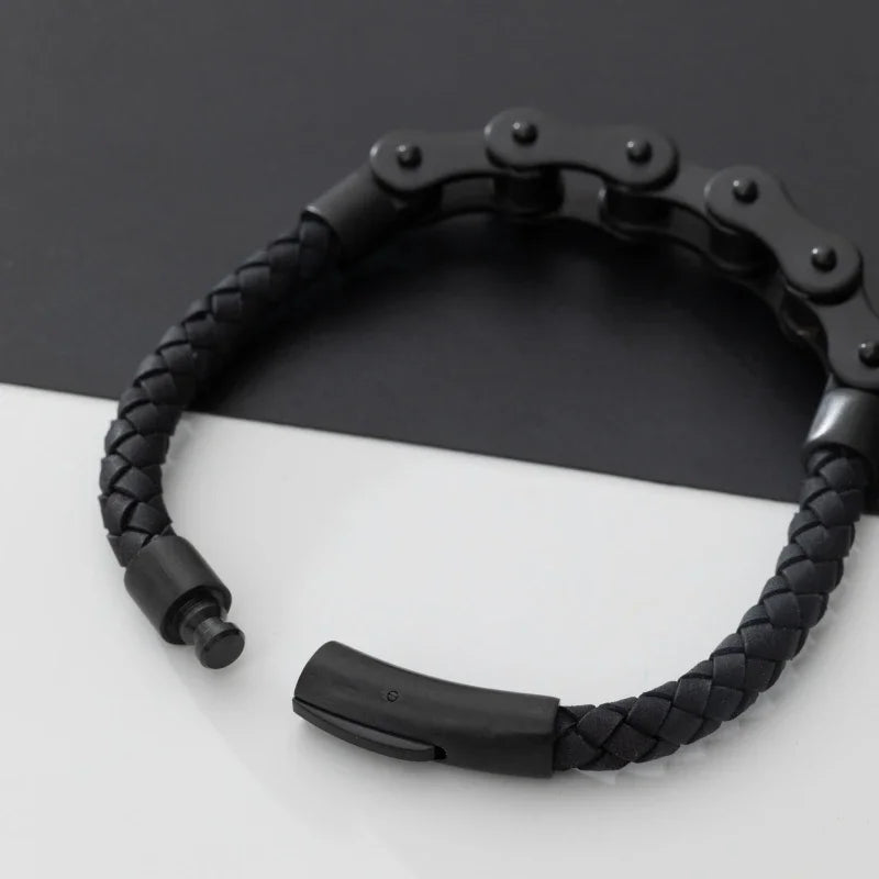 Bike Chain Woven Leather Bracelet