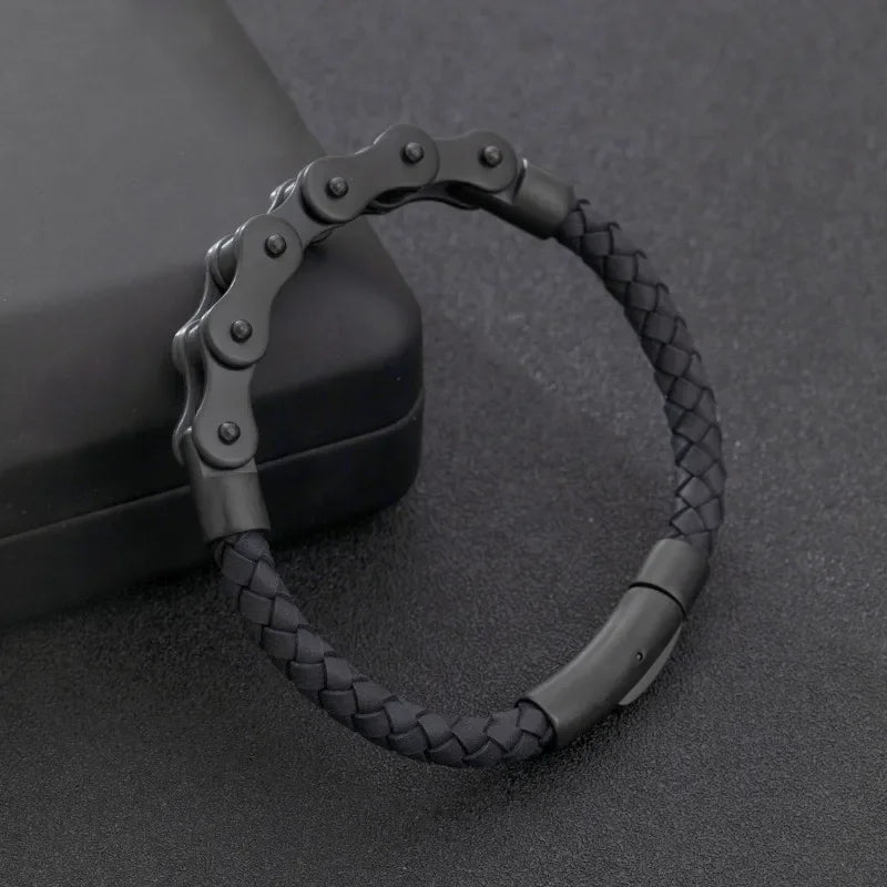 Bike Chain Woven Leather Bracelet